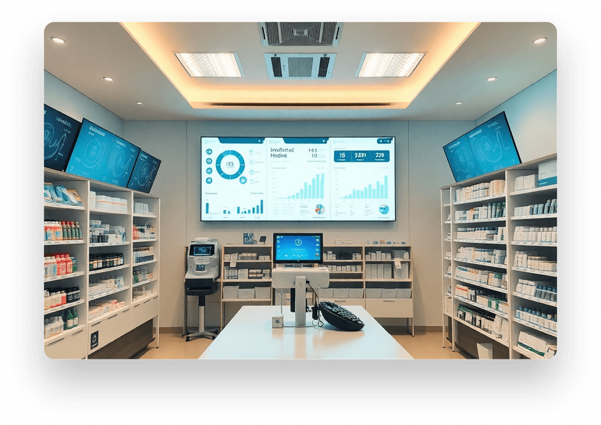 Modern pharmacy with digital management displays